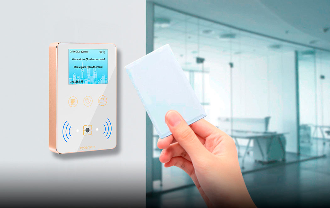 Cyberoce CR08EU QR access reader with contactless IC card credential, showing card-swipe based access interaction