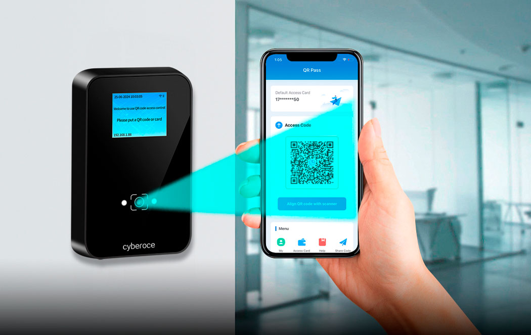 Cyberoce CR09EU QR access reader with mobile QR & contactless IC card credentials, showing QR scan and card-swipe based access interaction