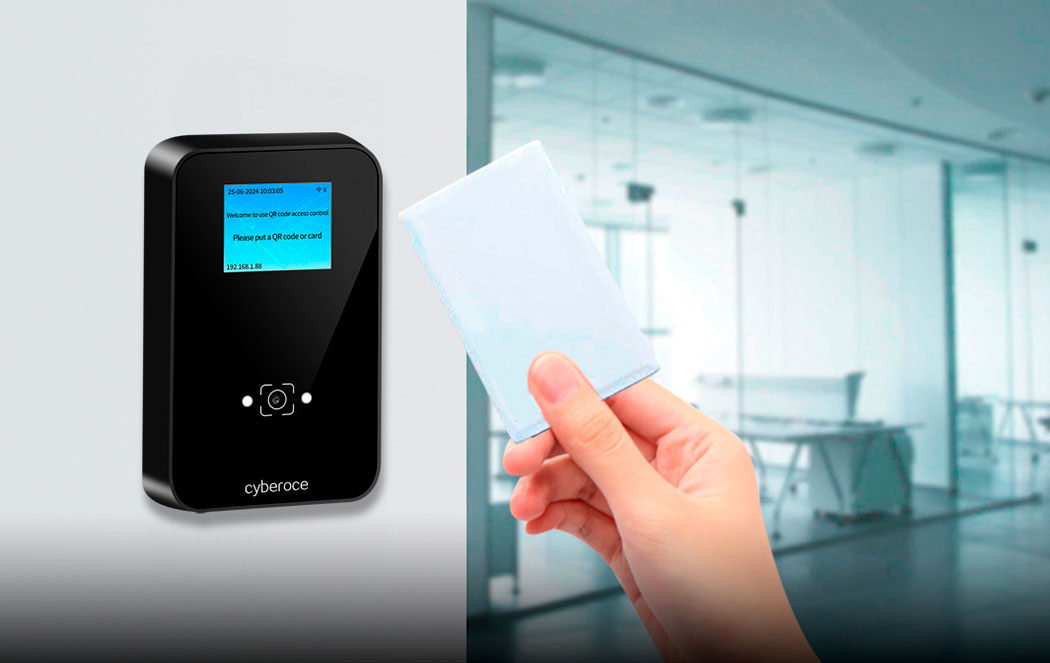 Cyberoce CR09EU QR access reader with contactless IC card credential, showing card-swipe based access interaction
