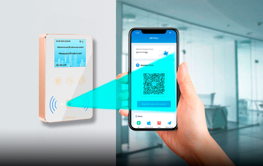 Cyberoce CR08EU QR access reader with mobile QR & contactless IC card credentials, showing QR scan and card-swipe based access interaction