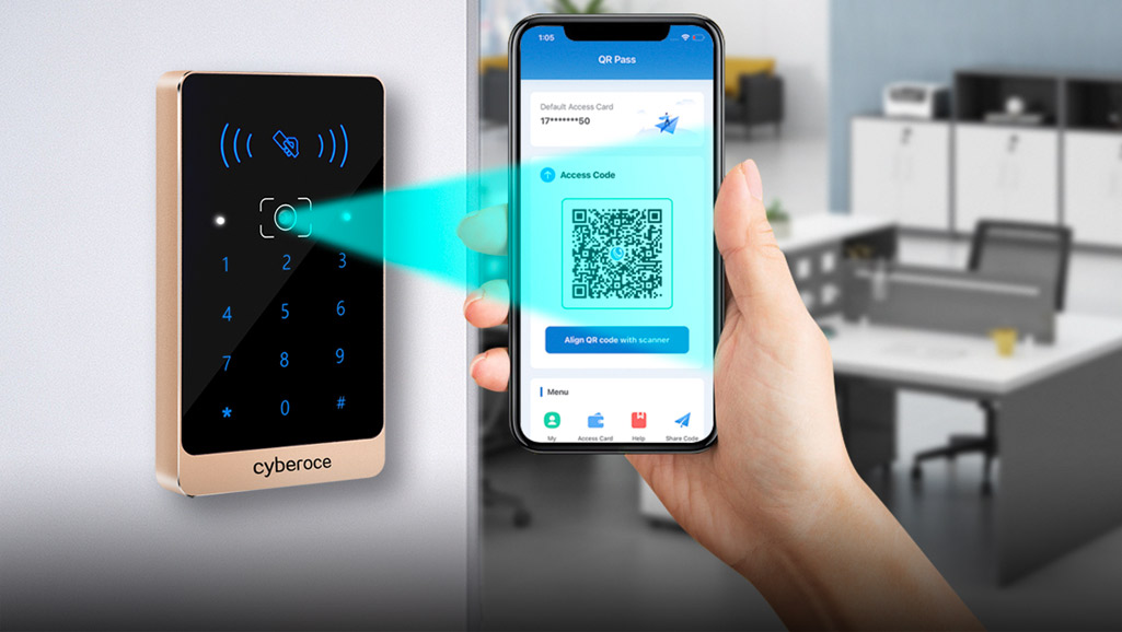 Cyberoce C3 QR code access reader with mobile QR & contactless MIFARE card credentials, showing QR scan and card-swipe based access interaction