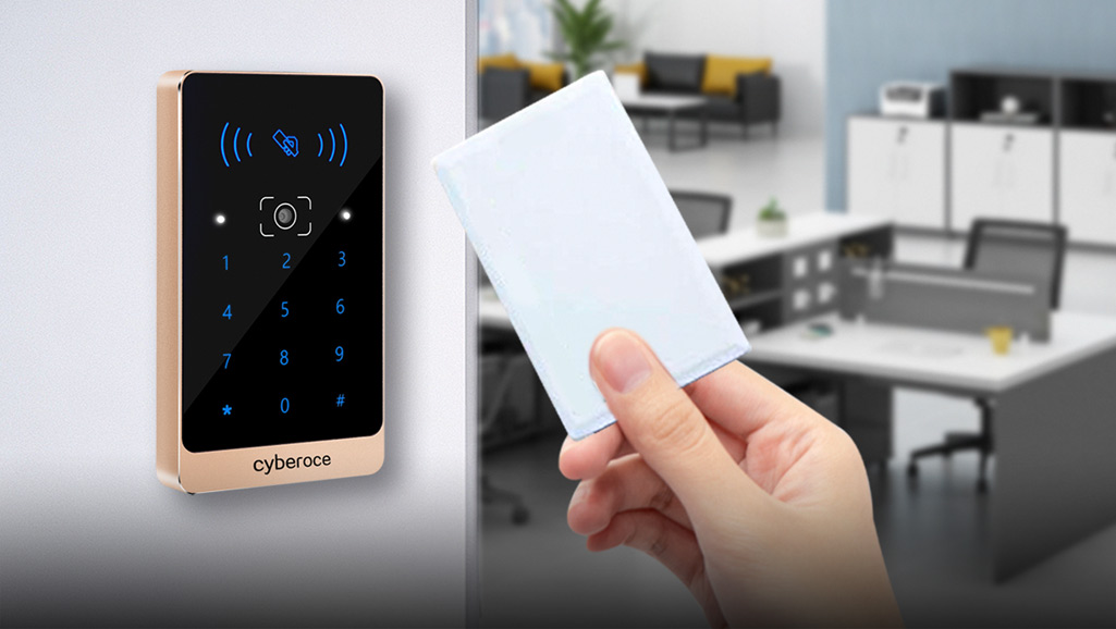 Cyberoce C3 QR code access reader with contactless MIFARE card credential, showing card-swipe based access interaction