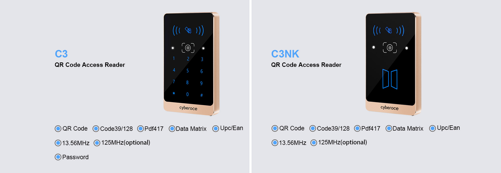 C3/C3NK two kind of QR code access reader compared with identification parameters of QR code and MIFARE card.