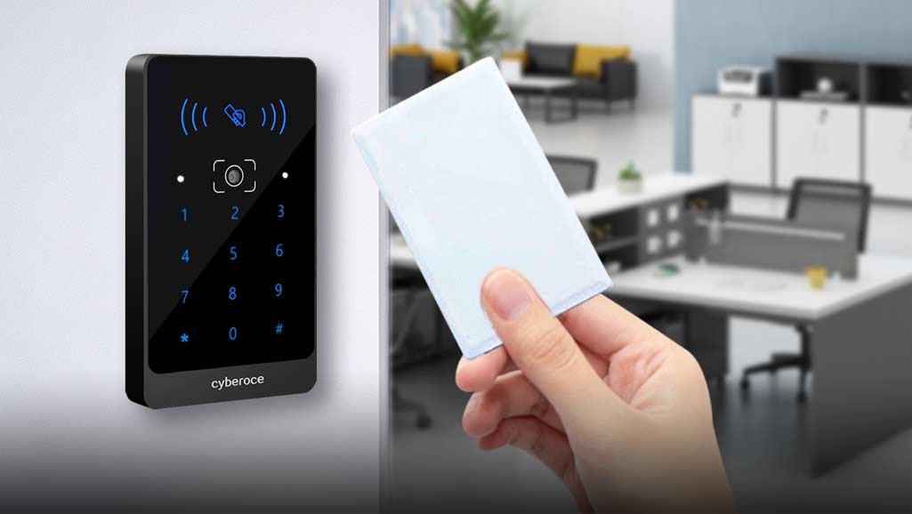Cyberoce C5 QR code access reader with contactless MIFARE card credential, showing card-swipe based access interaction