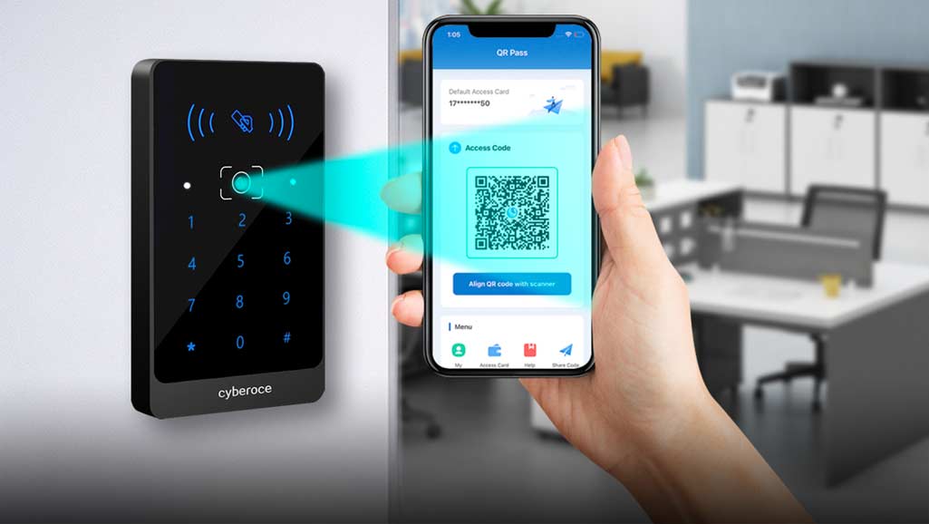 Cyberoce C5 QR code access reader with mobile QR & contactless MIFARE card credentials, showing QR scan and card-swipe based access interaction