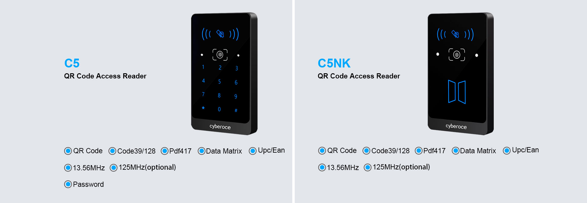 C5/C5NK two kind of QR code access reader compared with identification parameters of QR code and MIFARE card.
