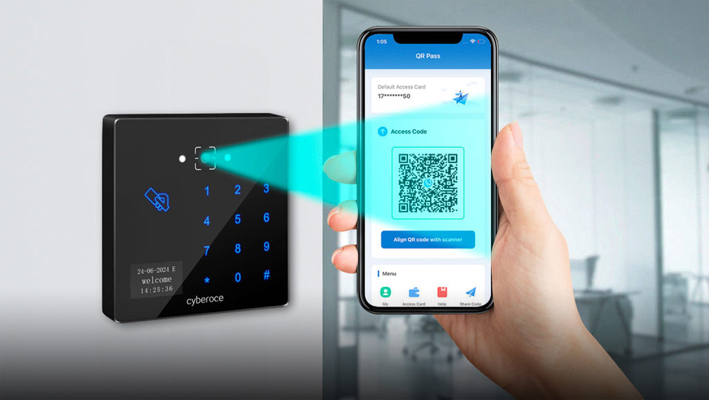 Cyberoce CR06EU/CR06E QR access reader with mobile QR & contactless IC card credentials, showing QR scan and card-swipe based access interaction