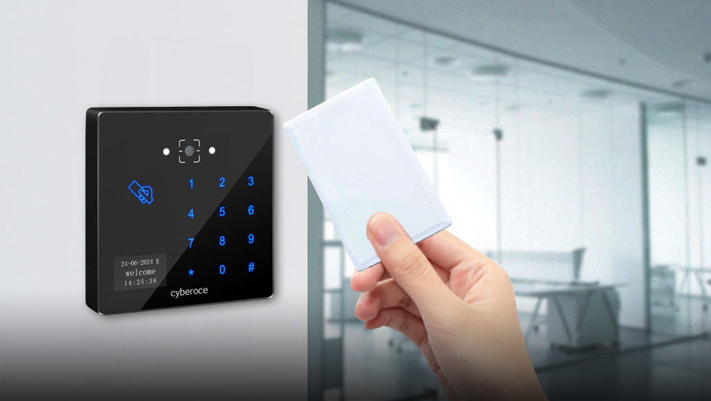 Cyberoce CR06E QR code access control with contactless IC card credential, showing card-swipe based access interaction
