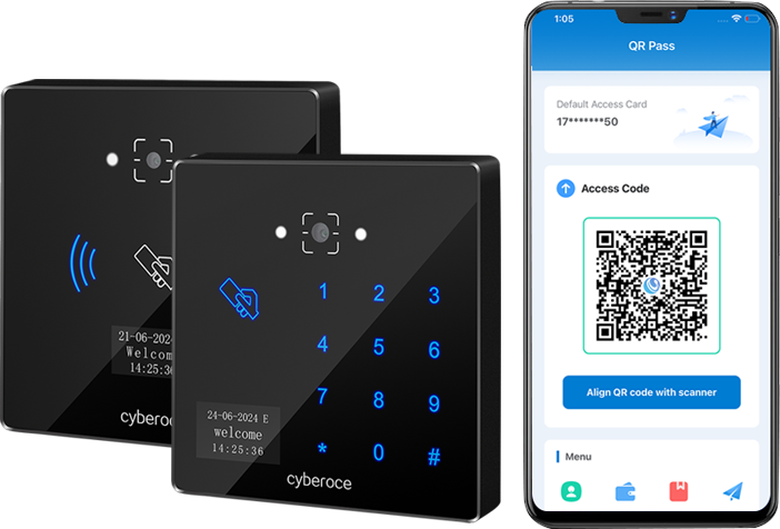 Cyberoce CR06EU /CR06E QR access reader with time & usage-limited temporary visitor QR credential, showing restricted-access interaction for guest entry