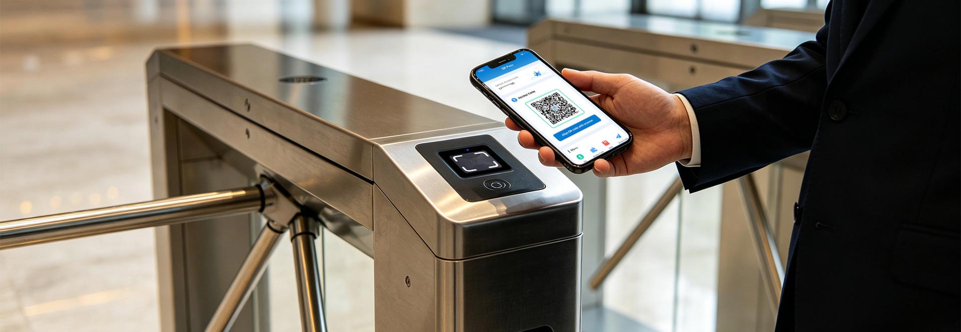 Cyberoce CR10 QR access reader with mobile QR & contactless IC card credentials, showing QR scan and card-swipe based access interaction