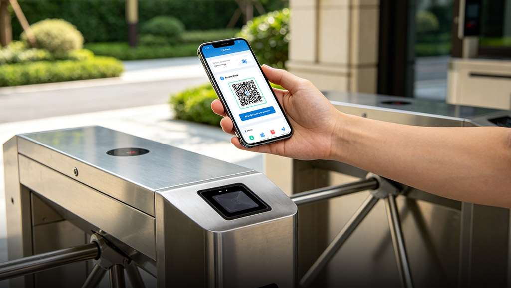 Cyberoce CR10 QR access reader with mobile QR & contactless IC card credentials, showing QR scan and card-swipe based access interaction