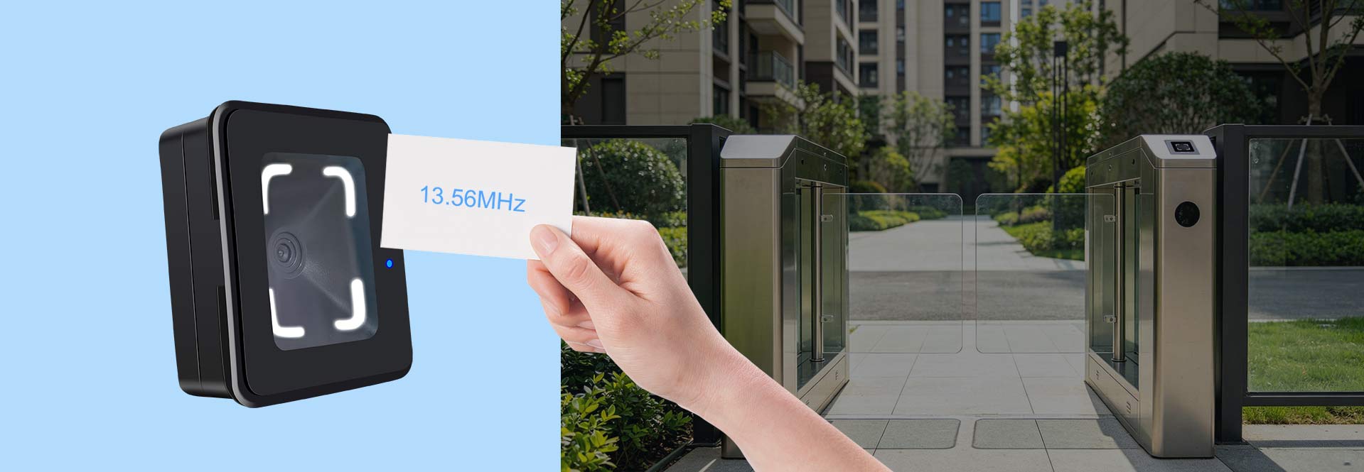 CR10 QR code access reader can identify MIFARE card of 13.56MHZ and 125K optional card.