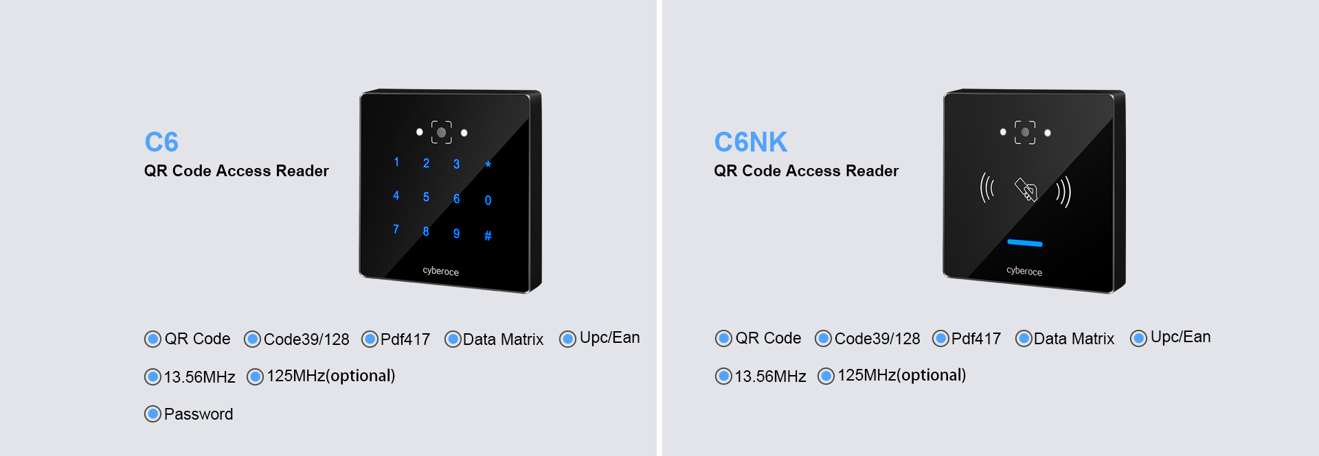 C6/C6NK two kind of QR code access reader compared with identification parameters of QR code and MIFARE card.