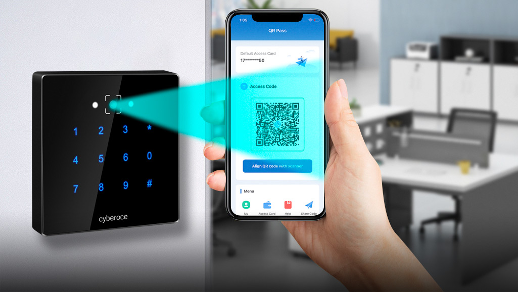 Cyberoce C6 QR code access reader with mobile QR & contactless MIFARE card credentials, showing QR scan and card-swipe based access interaction