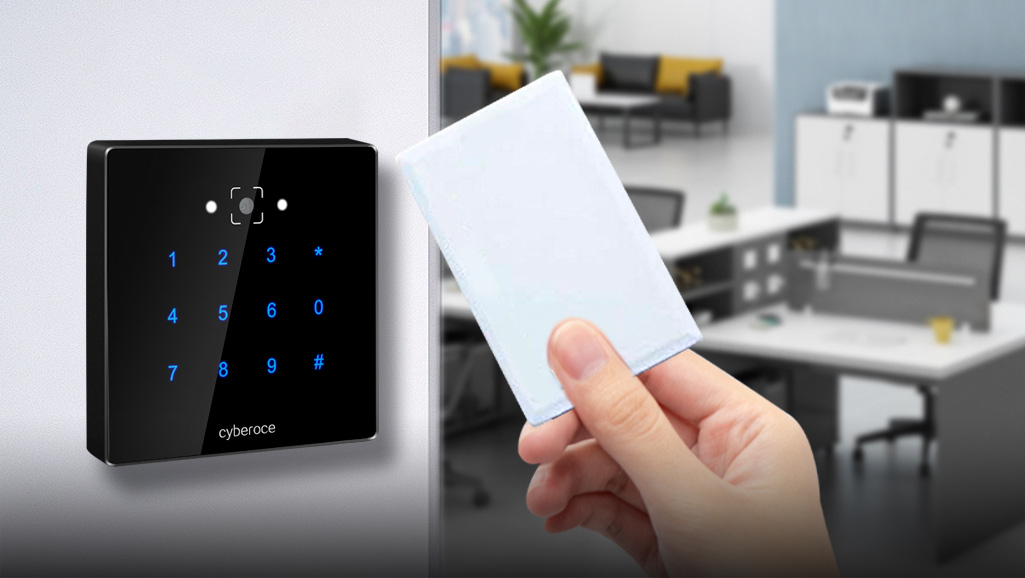 Cyberoce C6 QR code access reader with contactless MIFARE card credential, showing card-swipe based access interaction