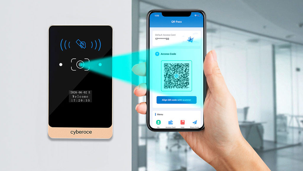 Cyberoce CR03EU QR code access control terminal with mobile QR & contactless IC card credentials, showing QR scan and card-swipe based access interaction