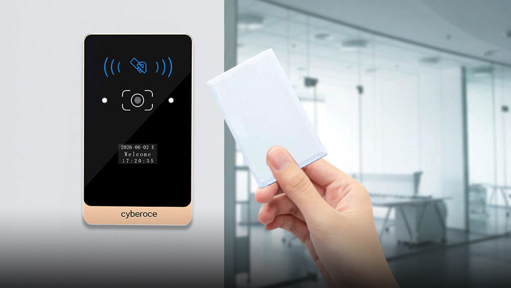 Cyberoce CR03EU QR code access control terminal with contactless IC card credential, showing card-swipe based access interaction