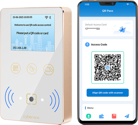 Cyberoce CR08EU QR access reader with time & usage-limited temporary visitor QR credential, showing restricted-access interaction for guest entry
