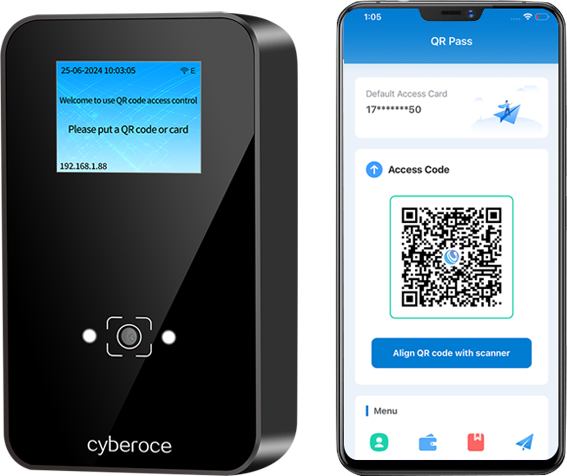 Cyberoce CR09EU QR access reader with mobile QR & contactless IC card credentials, showing QR scan and card-swipe based access interaction