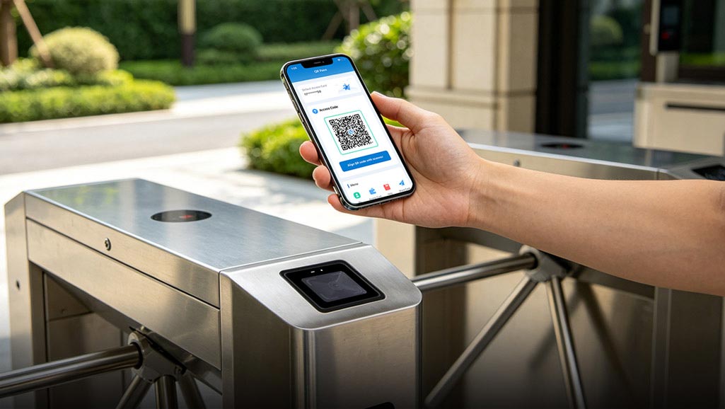 Cyberoce CR20 QR access reader with mobile QR & contactless IC card credentials, showing QR scan and card-swipe based access interaction