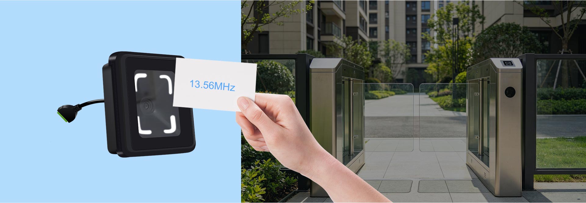 CR20 QR code access reader can identify MIFARE card of 13.56MHZ and 125K optional card.