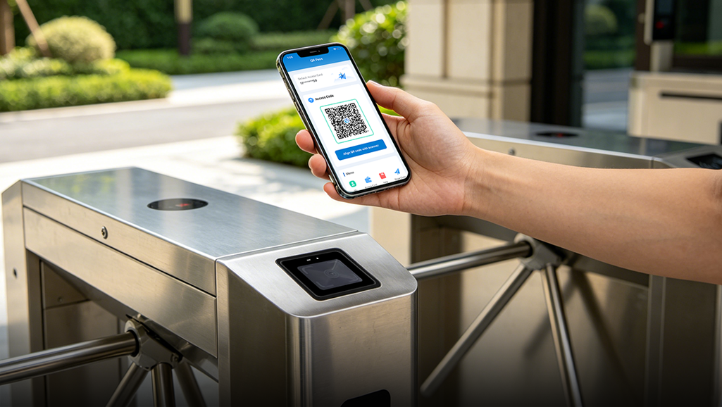 Cyberoce CR10E QR access reader with mobile QR & contactless IC card credentials, showing QR scan and card-swipe based access interaction