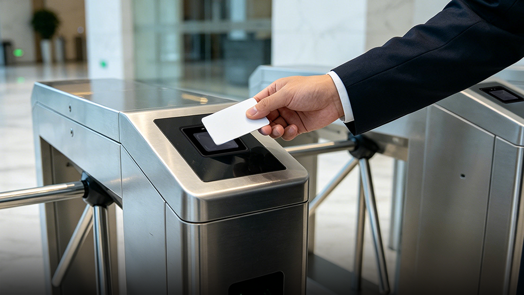 Cyberoce CR10E QR Code Access Control with contactless IC card credential, showing card-swipe based access interaction