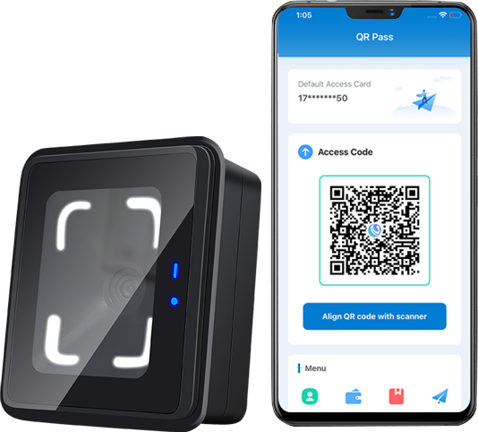 Cyberoce CR10E QR access reader with time & usage-limited temporary visitor QR credential, showing restricted-access interaction for guest entry