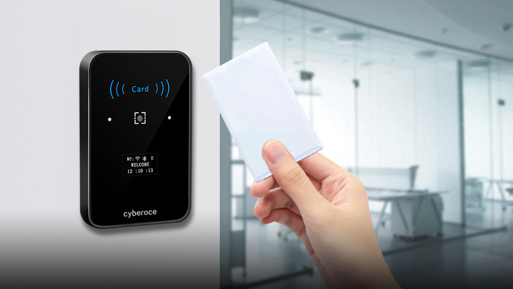 Cyberoce CR02EN QR code access control terminal with contactless IC card credential, showing card-swipe based access interaction
