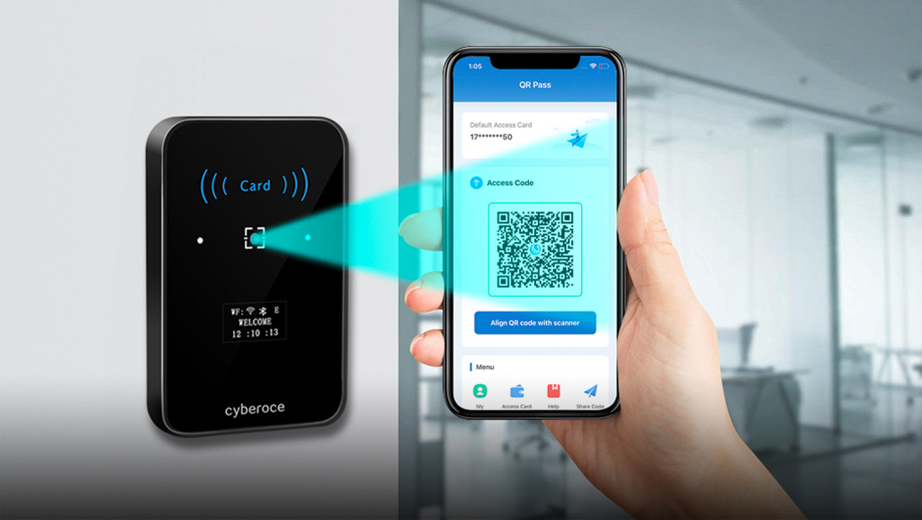 Cyberoce CR02EN QR code access control terminal with mobile QR & contactless IC card credentials, showing QR scan and card-swipe based access interaction